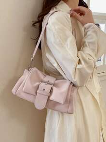 时尚甜美女士单肩包，韩式极简腋下包，铆钉扣设计，褶皱大容量 - 粉色 - 查看 7