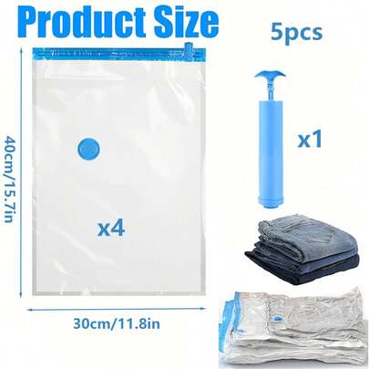 5pcs Vacuum Seal Storage Bags | Vacuum Compression Bags + Manual Air Pump, Double Zipper Seal And Triple Turbo Valve, Travel Essential Bags For Suitcase, Tote, Closet, Backpack To Save Space, Thick Transparent Material, Dustproof, Leak-Proof Vacuum Bags, Ideal For Dorm, Moving, Camping, And Household Use
