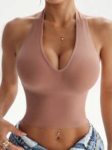 Single Piece/Set Women's Sexy Hanging Neck Without Steel Ring, Daily Bra With High Elasticity And Beautiful Back, Shaping Body And Waist, Integrated Women's Bra Meets The Needs Of Daily Internal And External Dressing For Dating And Gatherings - 琥珀色 - 查看 2