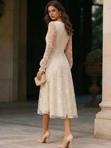1pc Elegant Women's Dress, Mesh Embroidered Square Neck Dress Vacation - Apricot - View 2