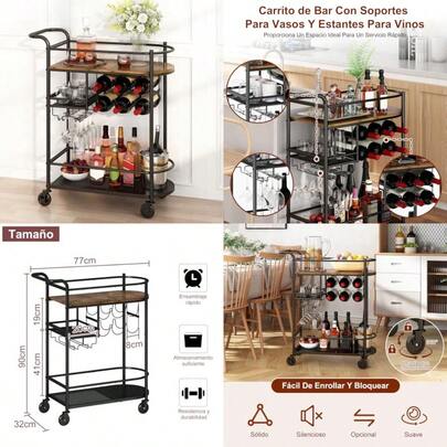 GILLAS Carrito de Servicio Carrito de Bar de 3 Niveles Cantina Bar Mueble para Casa con Capacidad para 6 Botellas de Vino y 6 Copas Carrito de Almacenamiento con Ruedas para Comedor Bar Cocina