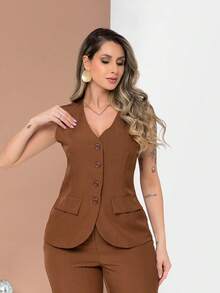 Elegant Plain Vest And Trousers Set C3302 - Rust Brown - View 8