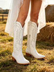 Women's Embroidered Western Cowboy Boots Fashion Chunky Heel Pointed Toe Pull On Vintage Knee High Cowgirl Boots Outdoor Casual Party Spring Shoes - trắng - Xem 3