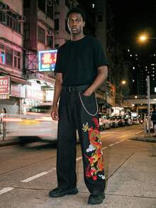 Quần jeans dáng rộng ONE.DINY phong cách retro Mỹ thêu hình rồng đen; quần thường ngày phong cách đường phố Gothic tối màu. - màu đen - Xem 8