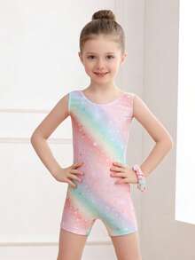 E.DANCE Girls Gymnastics Leotards Sleeveless Stretchy Dance Unitard With Scrunchie, Activewear For Kids School Sports, Dance Class, Gymnastics & Outdoor Fun - gradient star - 查看 4