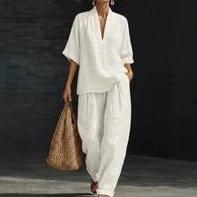2026 Spring/Summer Women's Loose Solid Color Imitation Linen Casual Wide-Leg Pants Set Fashionable And Comfortable Two-Piece Outfit - 白色 - 查看 5