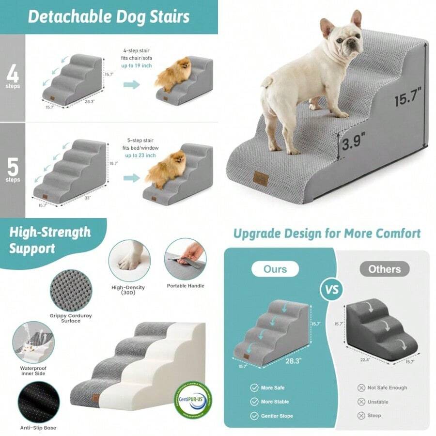 Escaleras para perros pequeños escalón curvado para mascotas con cubierta a prueba de fugas rampa de espuma de alta densidad para gatos para cama o sofá ligera duradera cómoda 15.7 x - Gris - Ver 1