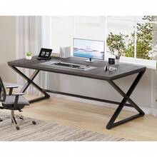 Large Black Desk Long Computer Table For Home Office, Modern Wide Executive Work Table For Writing Study, Simple Wood Metal Computer Table Gaming Table Workstation In Bedroom, Black Oak, 70 In - Dark Oak - View 12