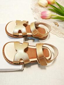 1 Pair Fashionable Gold Toddler Sandals, Children's Non-Slip Flat Sandals, Hook And Loop Closure, Retro H-Shaped Vamp, Suitable For Summer Outings, Beach, Wedding, Campus Activities, Daily Wear, Vacation - Rose Gold - View 6