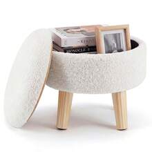 Small Round Ottoman Foot Rest Stool Fabric Padded Seat Footstool Ottoman With Anti-Slip Wooden Legs - 米色 - 查看 1