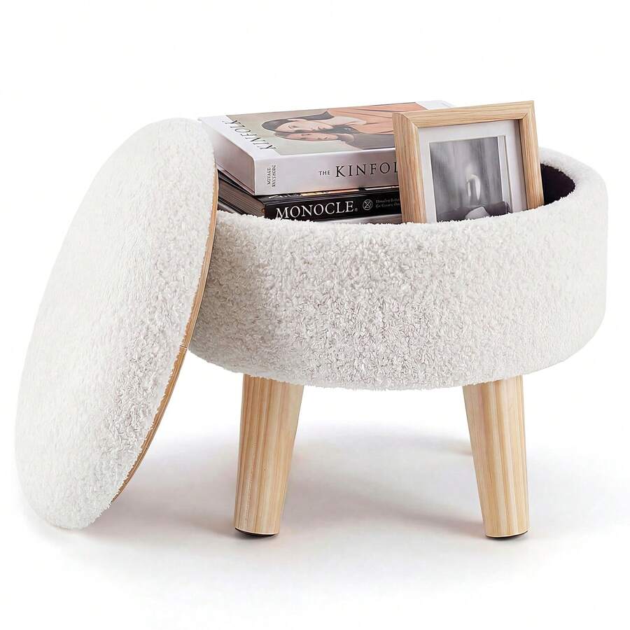 Small Round Ottoman Foot Rest Stool Fabric Padded Seat Footstool Ottoman With Anti-Slip Wooden Legs - 米色 - 查看 1