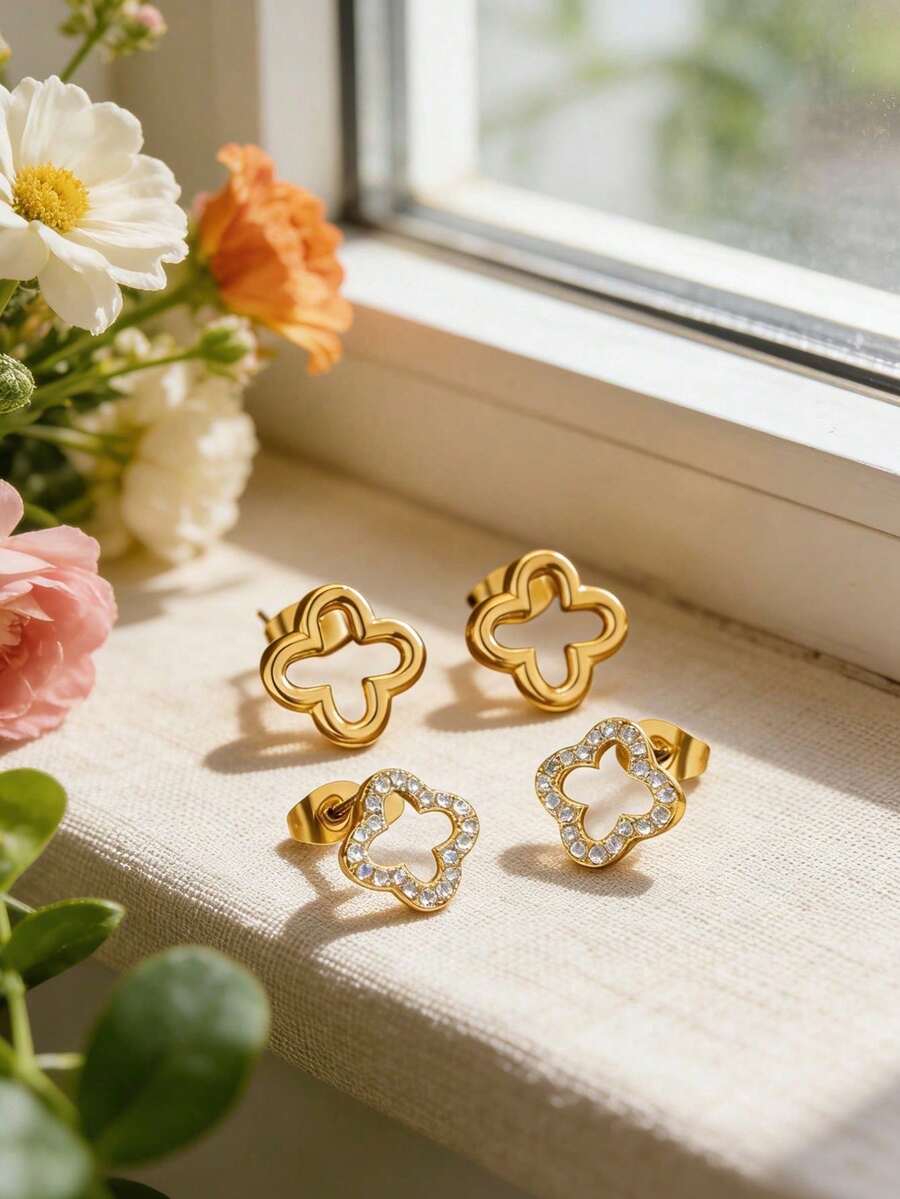 2 pares de brincos de aço inoxidável elegantes com trevo de quatro folhas vazado, perfeitos para o dia a dia, encontros com amigos ou para ir ao trabalho. Ótima opção de presente para mulheres em datas comemorativas. - Ouro amarelo - Ver 1