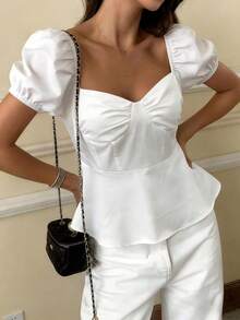 Áo thun trắng thanh lịch cổ choker, chất liệu vải không co giãn, tay ngắn phồng, dáng suông. - trắng - Xem 1