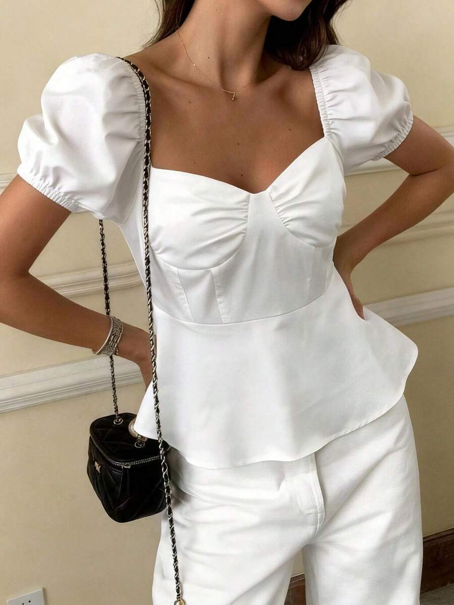 Áo thun trắng thanh lịch cổ choker, chất liệu vải không co giãn, tay ngắn phồng, dáng suông. - trắng - Xem 1