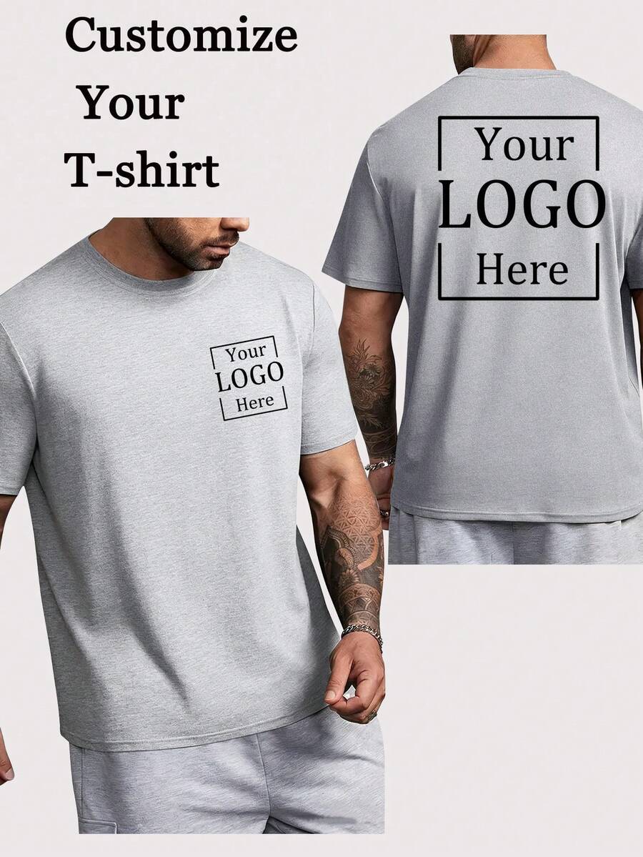 定制男士T恤，前后均可印制图案/个性化工作服Logo/舞蹈队Logo/情侣照/送给挚友的图案，短袖轻薄夏季上衣 - 灰色 - 查看 1