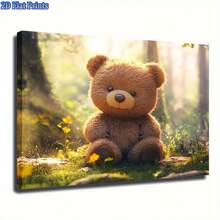 Un mural plano 2D en lienzo que representa un solo osito de peluche marrón en un entorno de bosque adornado con flores, enmarcado en madera. Ideal para salas de estar, dormitorios, oficinas, estudios y áreas de comedor. Muestra una decoración de pared suave y acogedora con temática natural. - Sin marco - Ver 1