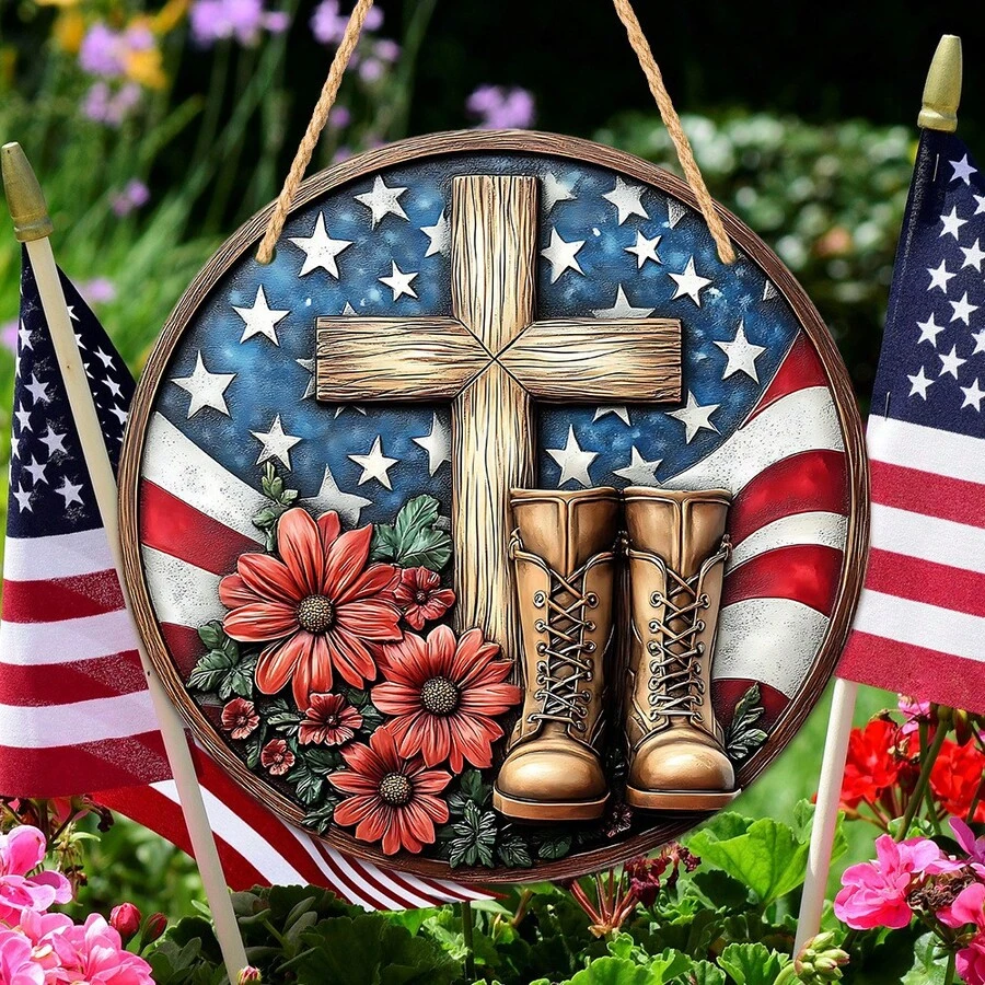 Colgador de puerta de madera, artesanía creativa para el Día de la Independencia de Estados Unidos, decoración rústica para el hogar