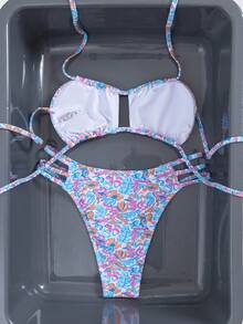 Conjunto de bikini de mujer con diseño de cuello de halter sexy y estampado, con diseño de corte delantero y detalle de tira lateral, traje de baño de dos piezas - Multicolor - Ver 3