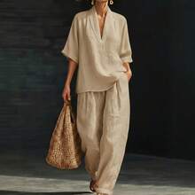 2026 Spring/Summer Women's Loose Solid Color Imitation Linen Casual Wide-Leg Pants Set Fashionable And Comfortable Two-Piece Outfit - màu đen - Xem 4