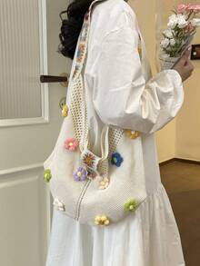 Bolso de hombro de gran capacidad, de estilo minimalista y versátil con estampado floral de punto, nuevo para el verano de 2026 - Beis - Ver 6