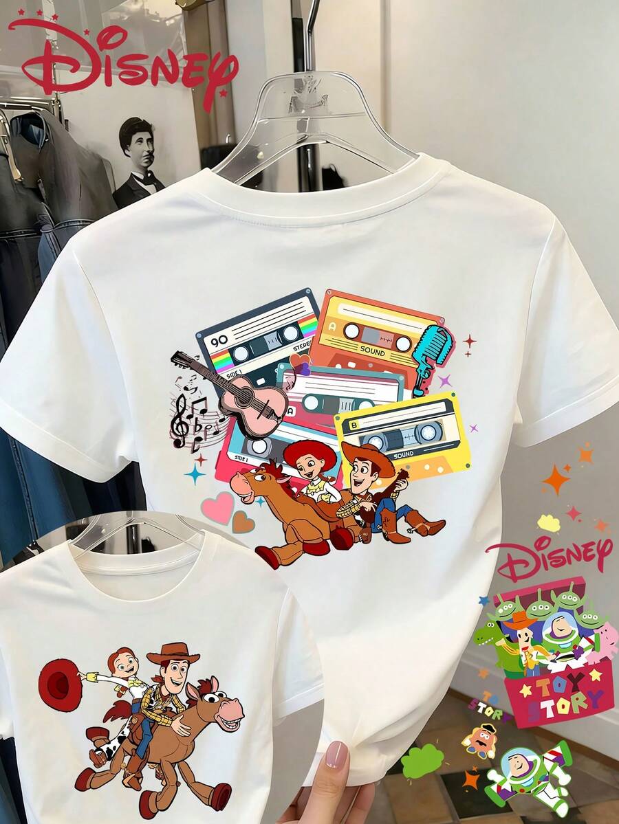 Disney Summer Clothing Toy Cuisi Woody Red Heart Horse Double-Sided Printed Round Neck Short Sleeved Women's T-Shirt, Versatile Retro Casual Sexy Cute Vacation Style, Suitable For Outdoor Wear - 白色 - 查看 1