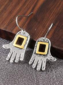Vintage Square Hollow Dual-Tone Palm Shaped Hook Earrings, Fashionable Jewelry Accessory For Festivals And Parties (Silver) - Two Tone - View 8