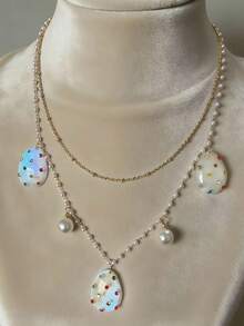 1pc Iridescent Shiny Water Drop Shaped Resin Necklace, Inlaid Colorful Rhinestones & Faux Pearl, Delicate Double-Layer Necklace Suitable For Summer Beach Vacation Casual Outfit Accessory - Double Chain - View 9