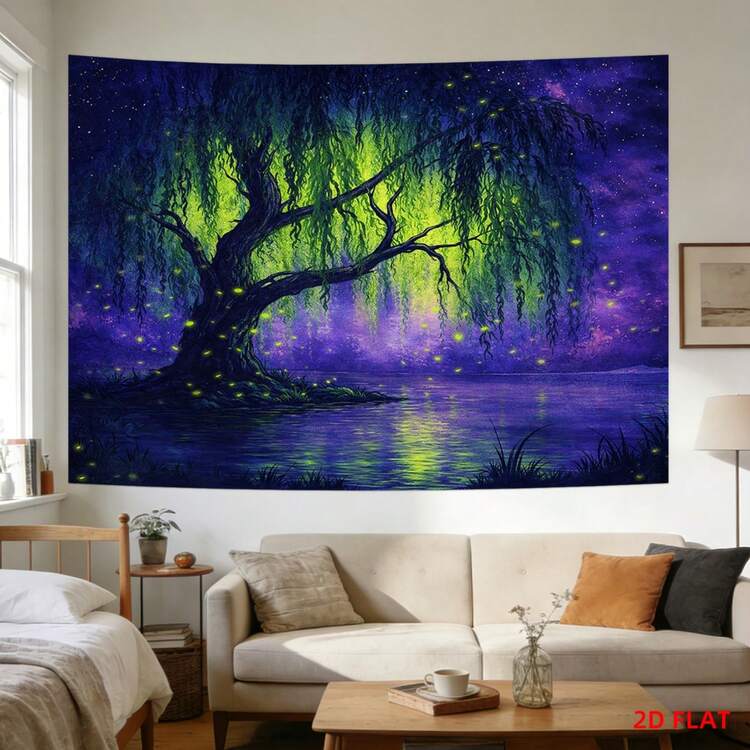 2D Panel - 2D Panel - A Mural Depicting Large Or Small Willow Trees, Fireflies, A Tranquil Lake, The Night Sky, And A Magical Atmosphere, Perfect For Decorating Living Room Walls, Meditation Spaces, Offices, Or Party Decorations - 多色 - 查看 4