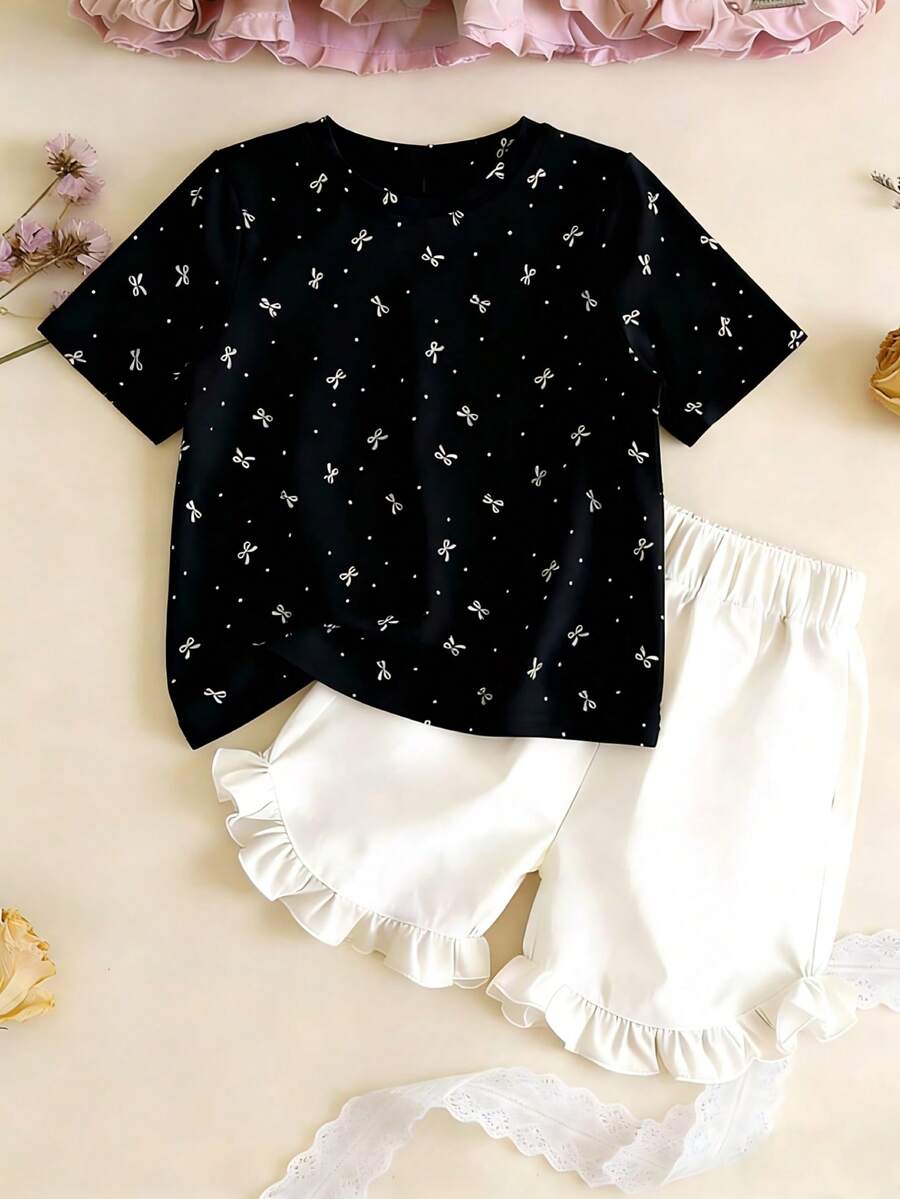 一套女童蝴蝶结印花短袖T恤和纯色短裤套装,夏季时尚 - 黑與白 - 查看 1