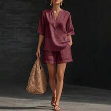 2026 Spring/Summer European And American Solid Color V-Neck Linen-Cotton Casual Top And Shorts Two-Piece Set - trắng - Xem 6