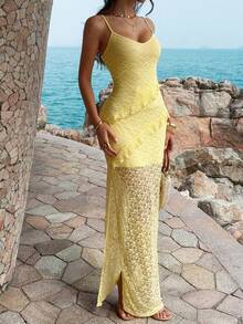 Đầm maxi ôm sát gợi cảm màu vàng nhạt Unadoll dành cho nữ, dây mảnh, cổ chữ V, phối ren lưới, chi tiết bèo nhún, xẻ đùi, thích hợp cho kỳ nghỉ, đi biển và hẹn hò. - Màu vàng - Xem 4