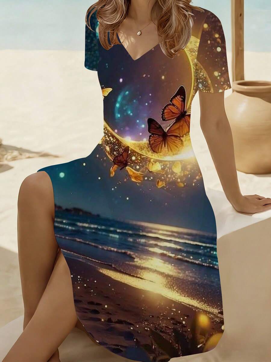 Butterfly And Moon Night Sky Beach Scene Print Women V Neck Short Sleeve Dress Comfortable Breathable Casual Style For Beach Vacation 250g - Nhiều màu - Xem 1