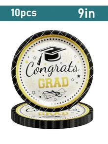 2026 10-Set Black & Gold Graduation Party Supplies Including Disposable Plates, Napkins, Cups, Suitable For 10 Guests - Multicolor - View 13