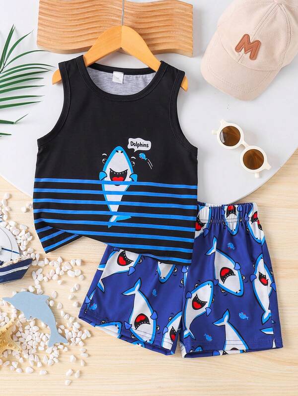 Set de 2 vestă cu imprimeu digital Shark pentru băieți, ținută casual fără mâneci pentru vacanță, vară