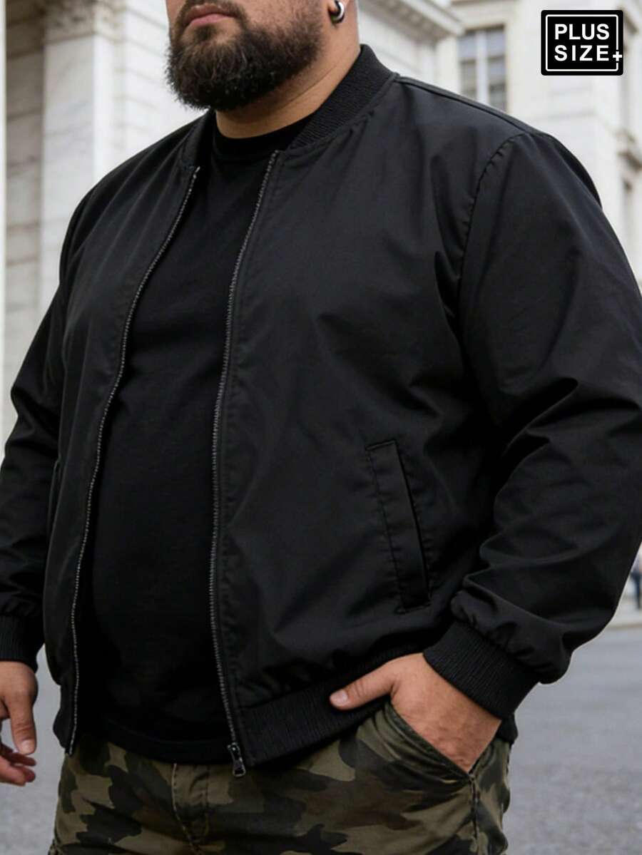 Plus Size Men's Casual Solid Color Lightweight Sports Jacket, Versatile Baseball Collar Outdoor Coat, Gift For Husband, Father, Friend - Black - View 1