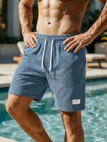 American Street Style Solid Color Corduroy Drawstring Beach Shorts, Men's Loose Fit Patchwork Casual 5-Inch Shorts - Navy Blue - View 4