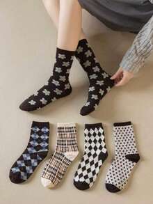 5 Pasang Kaos Kaki Wanita Model Vintage Setinggi Betis, Nyaman, Serbaguna, Cocok untuk Semua Musim, Lembut dan Hangat, Sesuai untuk Pemakaian Sehari-hari - MultiWarna - View 4