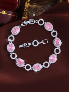 1pc Silver Plated White, Pink, Blue, Green Oval Cubic Zirconia Round Link Chain Tennis Bracelet, Women's CZ Crystal Geometric Bridal Jewelry For Wedding, Engagement, Banquet, Party, Prom, Brides, Bridesmaids, Ladies Gift - 1pcs Bracelet - View 7