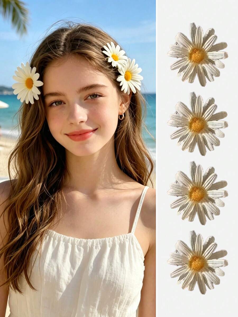 4 chiếc kẹp tóc hình hoa cúc trắng dễ thương dành cho thiếu nữ, kiểu tóc bohemian, thích hợp cho kỳ nghỉ biển. - Nhiều màu - Xem 1