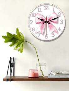 2D Pink Bow Pattern Wooden Wall Clock, 10/12 Inch, Powered By AA Battery (Battery Not Included) - Farmhouse Style Home Decor Suitable For Kitchen, Bedroom, Office, Easy To Read Living Room Decoration - 1PC - View 1