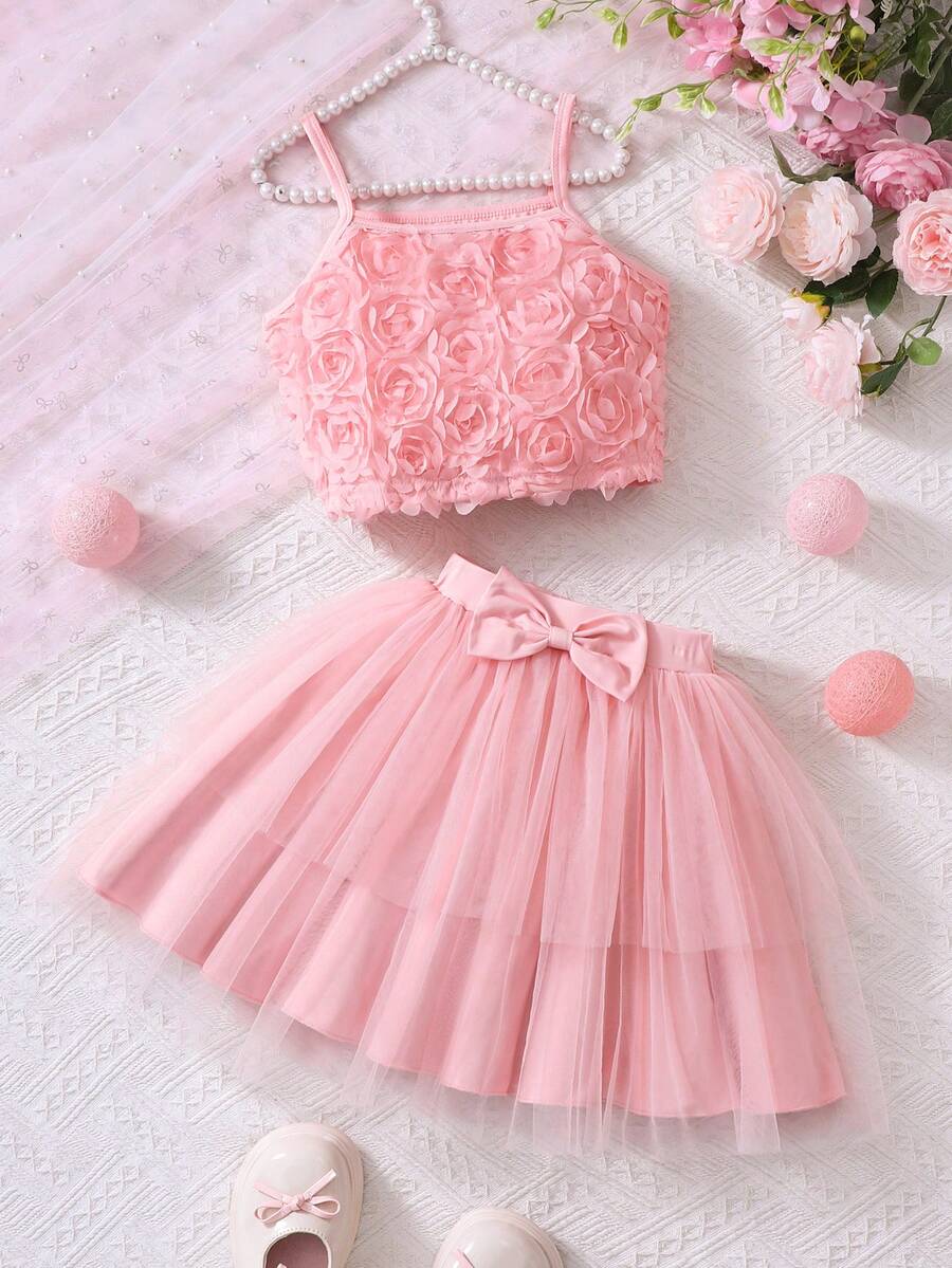 Girls 3D Rose Camisole Top And Double-Layer Tulle Skirt Set - Pink - View 1