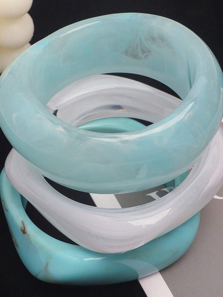 Bộ 3 vòng tay acrylic chủ đề đại dương xanh dương, vòng tay màu trắng phối họa tiết nhuộm màu ngọc lam, thích hợp đeo hàng ngày, đi nghỉ mát, dự tiệc. - Màu xanh nhạt - Xem 1