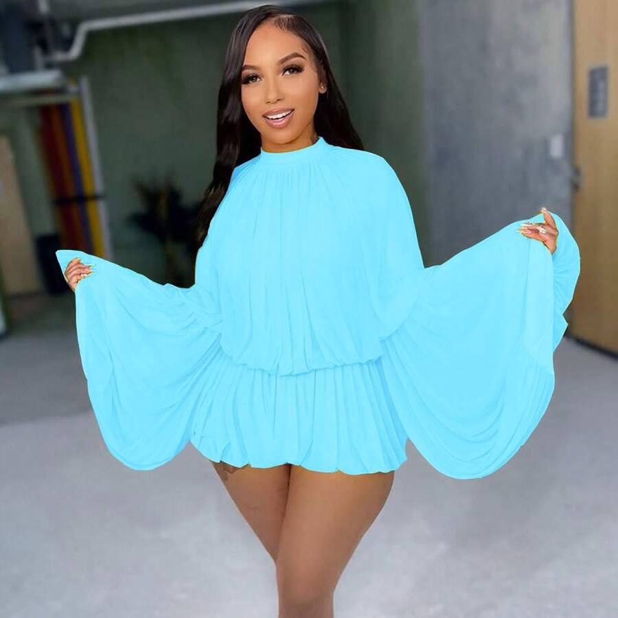 ZL5553 Women's Casual Solid Color Ruffle Skirt Fashionable Summer Round Neck Lantern Sleeve Solid Color Two-Piece Set - 湖藍色 - 查看 1