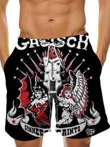 Gretsch Guitar Rockabilly Pinup Swim Trunks Men's Beach Shorts With Vintage Design And Stars Pattern - Multicolor - View 2