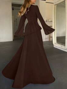 Women's Elegant Flounced Splice Cinched Waist Flare Sleeve Dress, Spring/Summer - 咖啡 - 查看 9