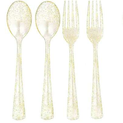 2件套金属餐具，包括叉子、勺子、蛋糕叉、甜点勺、沙拉叉、意面叉勺，可重复使用且可清洗，高端餐具，适用于生日、婚礼、派对、家庭聚会、团队建设、户外烧烤、露营、宴会、学校用品、毕业典礼、节日派对等多种场合。