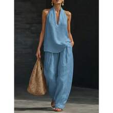 Boho Linen Two Piece Set - Perfect For Beach, Vacation & Brunch! Halter Neck Sleeveless Top Wide Leg Pants Set # TwoPieceSet # LinenSet # WideLegPants # HalterNeck # SummerOutfit # BohoFashion # CasualWear # Outfit Of The Day # WomensFashion - 藍色 - 查看 1