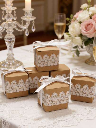 40/20/10/1 Stück weiße Schleife Verpackungsbox, Hohlspitzen-Muster Kraftpapier Geschenkbox, geeignet für Hochzeit Tischdekoration, Hochzeitsbonbons, Schokolade, Kekse, Hochzeitsandenken, Feiertage und Party Zubehör