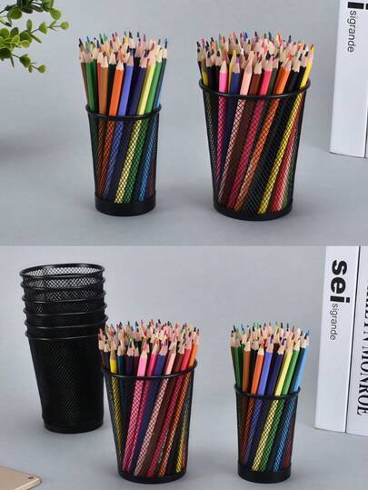 2 件套黑色锥形金属网通用笔筒 – 耐用桌面收纳整理器，适用于办公室收纳和整理 – 高强度金属网笔筒 – 黑色锥形桌面收纳盒，顶部开口设计，边缘坚固 – 大容量，可堆叠收纳，适用于办公室、学校和家庭使用 – 耐用钢网笔筒