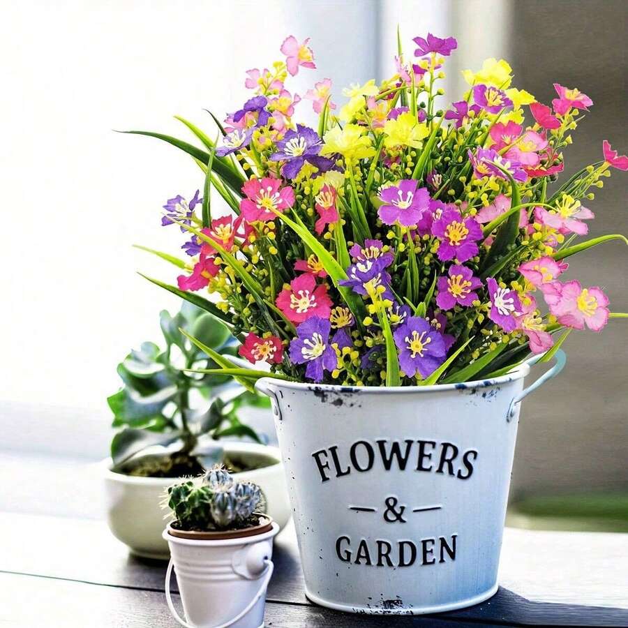 1/10 Peças Flores Artificiais Coloridas, Arbustos Verdes Falsos de Plástico Resistentes a UV, Adequados para Jardim Interno/Externo de Casa, Varanda, Plantas em Vaso da Varanda, Ideal para Decoração de Primavera e Verão - Multicolorido - Visão 1